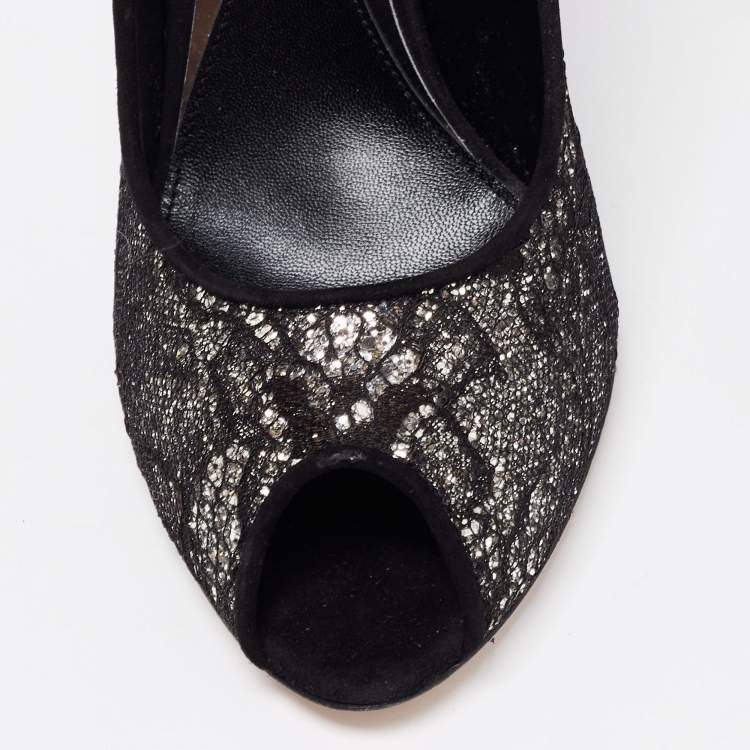 Pre Owned Sebastian Black Lace And Glitter Peep Toe Pumps Size 40