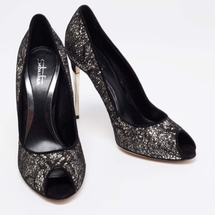 Pre Owned Sebastian Black Lace And Glitter Peep Toe Pumps Size 40