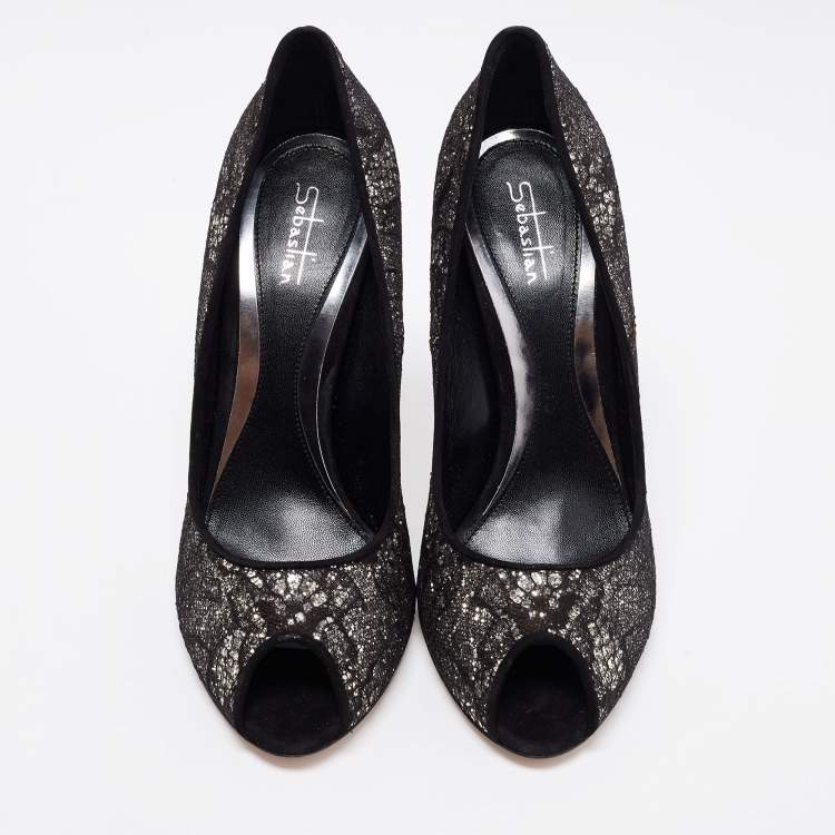 Pre Owned Sebastian Black Lace And Glitter Peep Toe Pumps Size 40