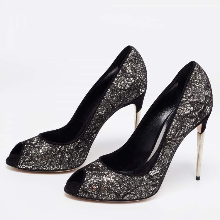Pre Owned Sebastian Black Lace And Glitter Peep Toe Pumps Size 40