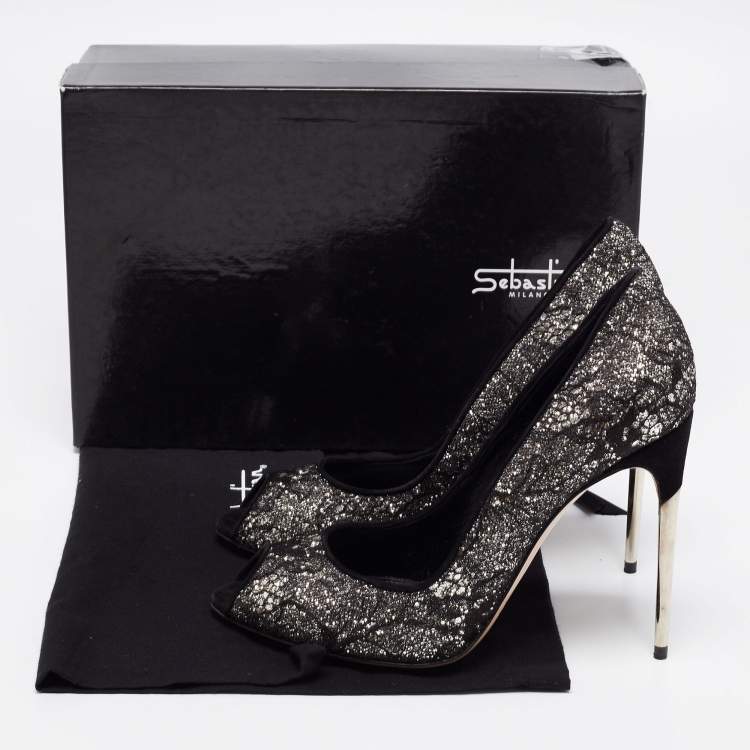 Pre Owned Sebastian Black Lace And Glitter Peep Toe Pumps Size 40
