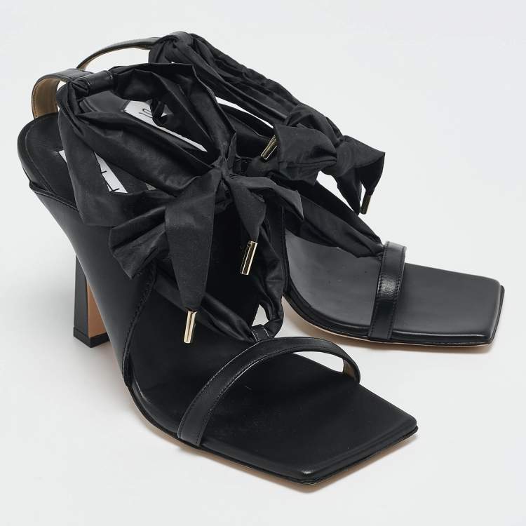 Pre Owned Sebastian Black Leather and Nylon Ankle Tie Sandals Size 40