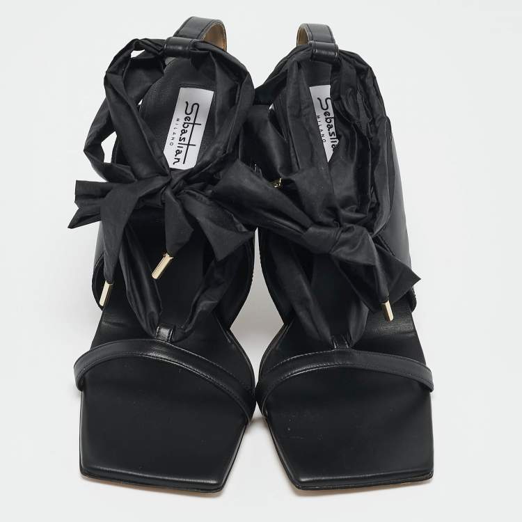 Pre Owned Sebastian Black Leather and Nylon Ankle Tie Sandals Size 40