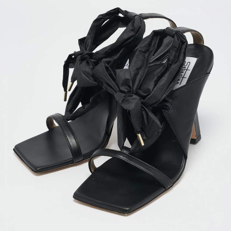 Pre Owned Sebastian Black Leather and Nylon Ankle Tie Sandals Size 40