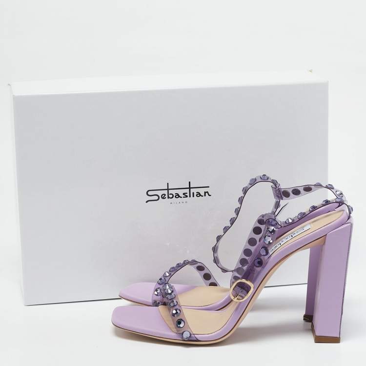 Pre Owned Sebastian Lilac Leather and PVC Crystals Embellished Ankle Strap Sandals Size 39