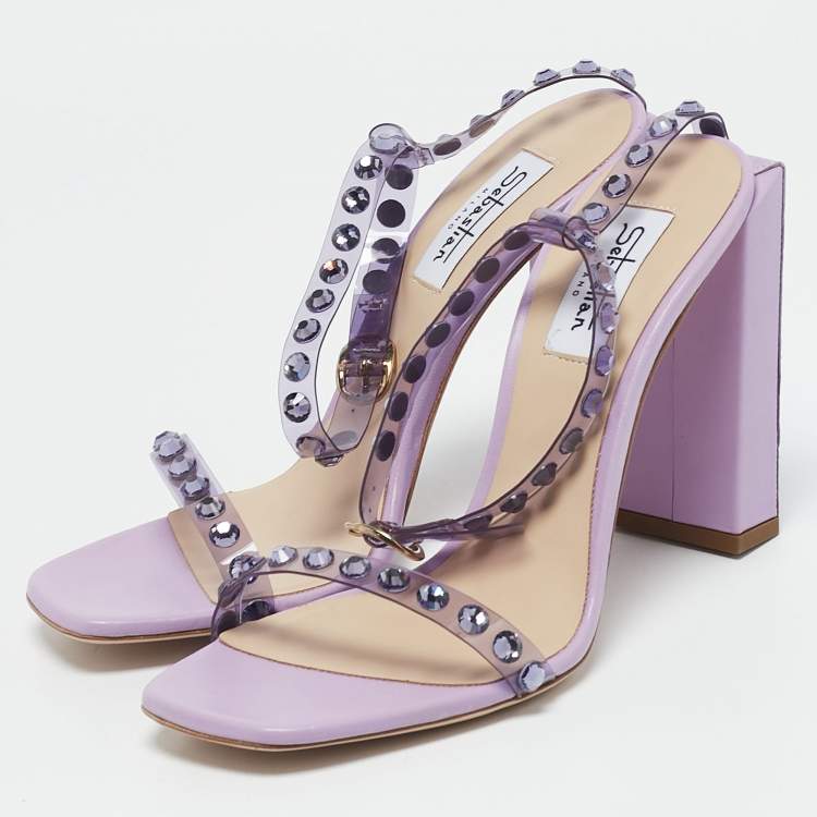 Pre Owned Sebastian Lilac Leather and PVC Crystals Embellished Ankle Strap Sandals Size 39