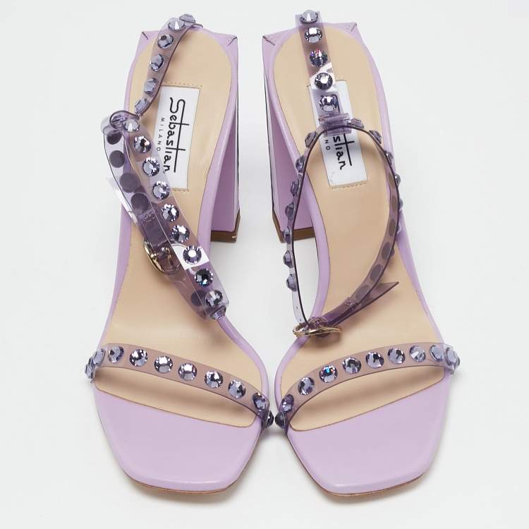 Pre Owned Sebastian Lilac Leather and PVC Crystals Embellished Ankle Strap Sandals Size 39
