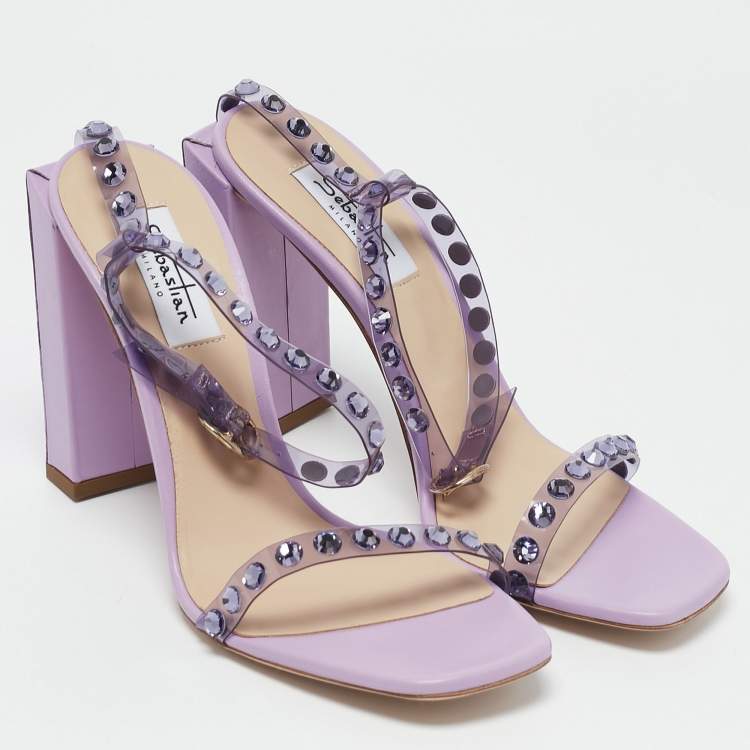 Pre Owned Sebastian Lilac Leather and PVC Crystals Embellished Ankle Strap Sandals Size 39
