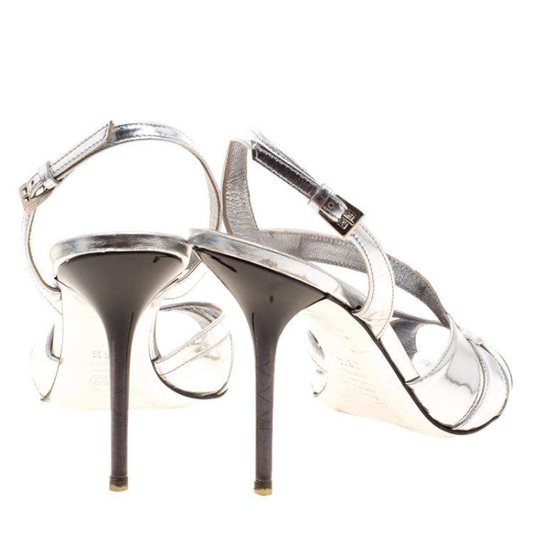 Pre Owned Sebastian Metallic Silver Leather Slingback Sandals Size 36.5