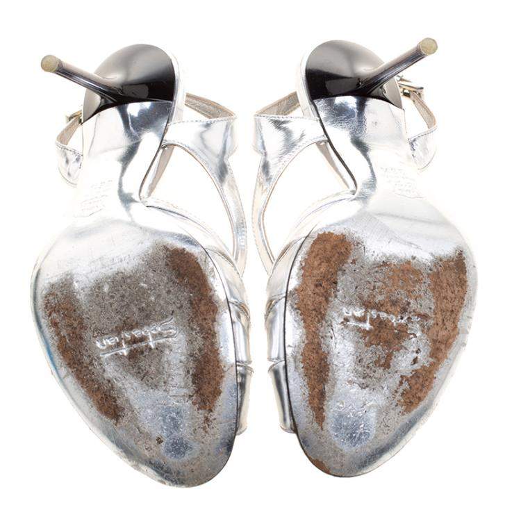Pre Owned Sebastian Metallic Silver Leather Slingback Sandals Size 36.5