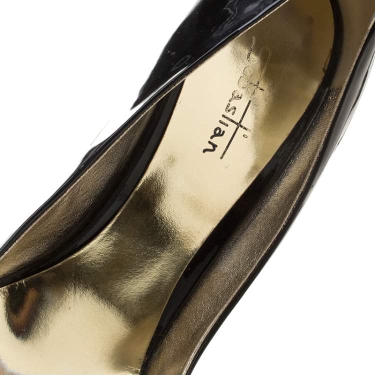 Pre Owned Sebastian Black Patent Leather Crystal Embellished Pumps Size 38.5