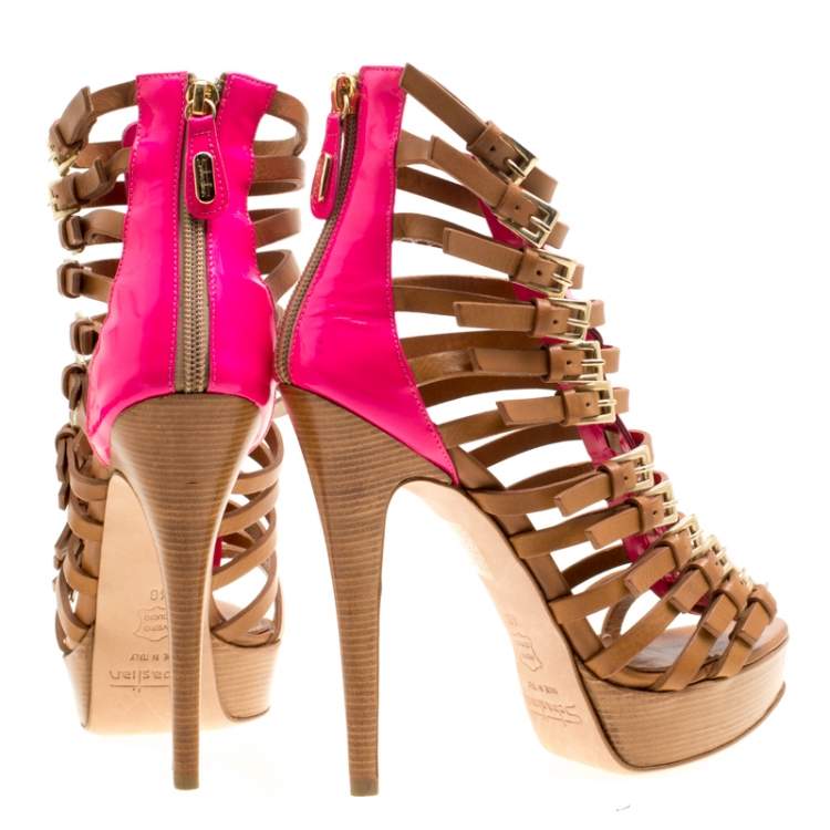 Pre Owned Sebastian Brown Leather Platform Cage Sandals Size 40