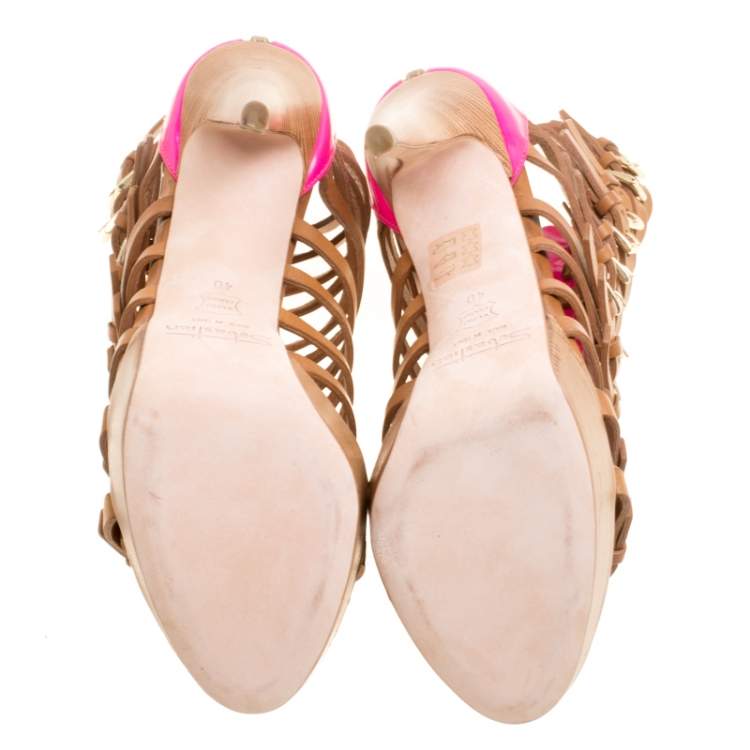 Pre Owned Sebastian Brown Leather Platform Cage Sandals Size 40