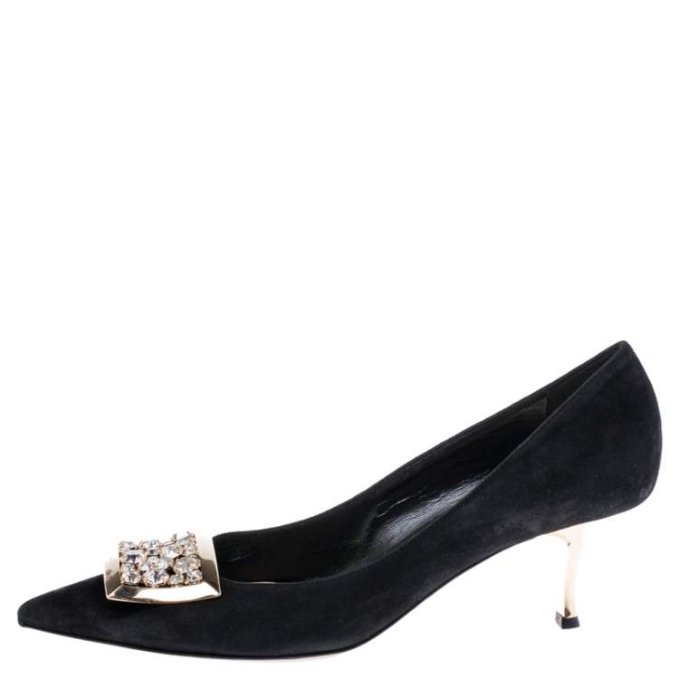 Pre Owned Sebastian Black Suede Crystal Embellished Pumps Size 38