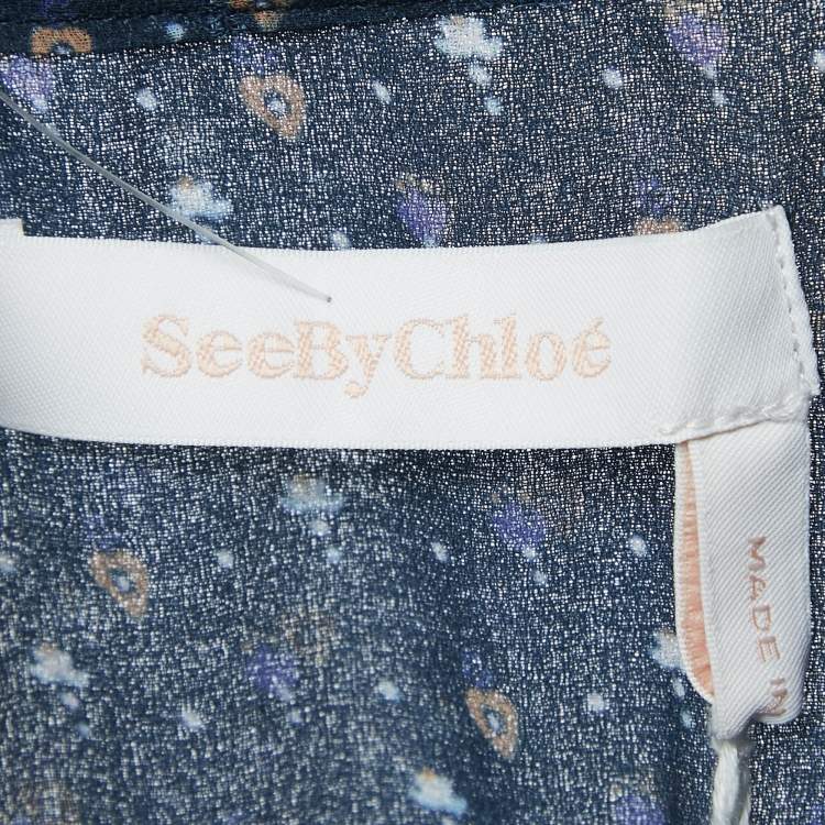 Pre Owned See by Chloe Navy Blue Printed Crepe Asymmetric Plisse Blouse M