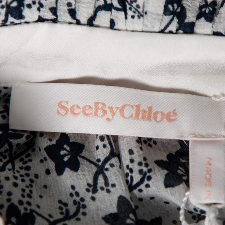 Pre Owned See by Chloe White & Blue Floral Printed Chiffon Tiered Midi Dress M 