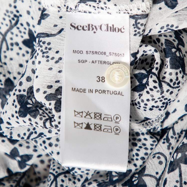Pre Owned See by Chloe White & Blue Floral Printed Chiffon Tiered Midi Dress M 