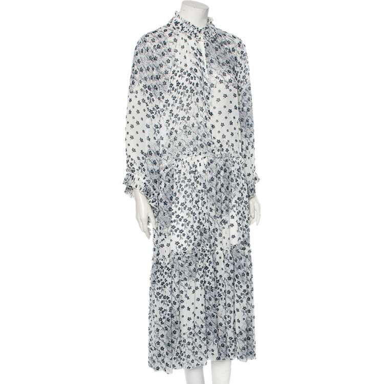Pre Owned See by Chloe White & Blue Floral Printed Chiffon Tiered Midi Dress M 