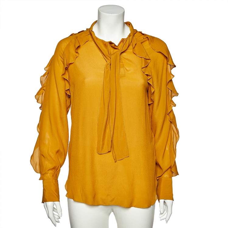 Pre Owned See by Chloe Mustard Yellow Silk Chiffon Neck Tie Detail Ruffled  Top M