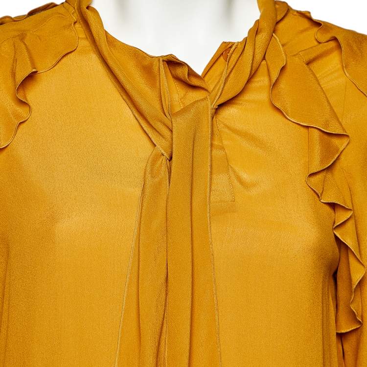 Pre Owned See by Chloe Mustard Yellow Silk Chiffon Neck Tie Detail Ruffled  Top M