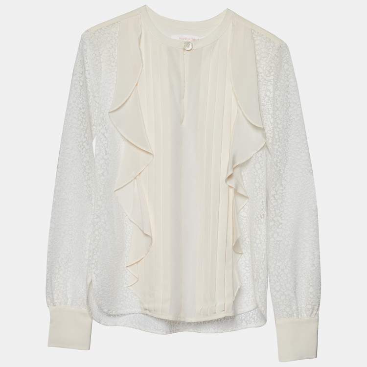See by Chloe White Lace & Silk Paneled Ruffle Detail Blouse S See by ...