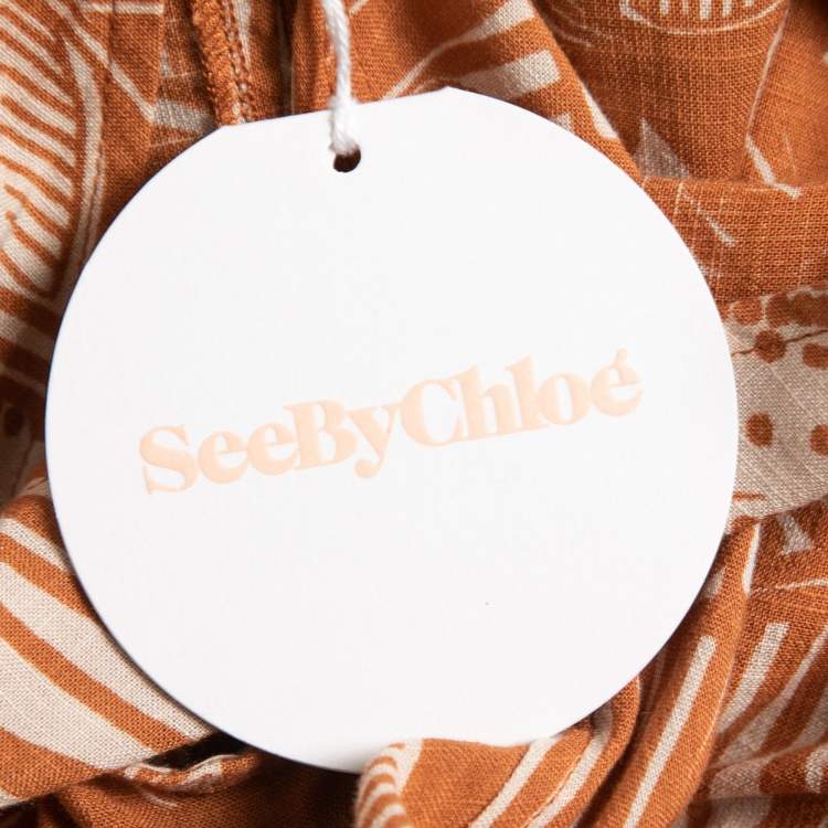 Pre Owned See by Chloe Brown/Beige Printed Cotton Blend Drawstring Maxi Dress M