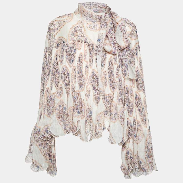 Pre Owned See by Chloe Beige Paisley Printed Plisse Neck Tie Detail Top L