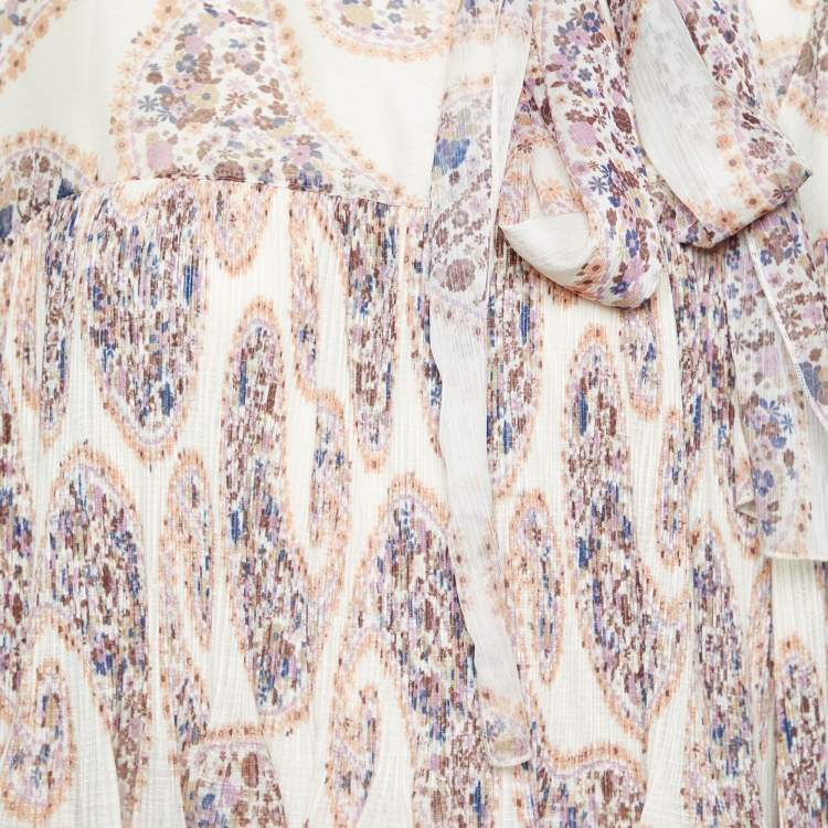 Pre Owned See by Chloe Beige Paisley Printed Plisse Neck Tie Detail Top L
