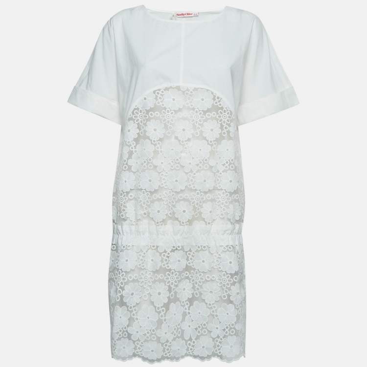 Pre Owned See by Chloé White Floral Embroidered Cotton and Nylon Sheer Short Dress M
