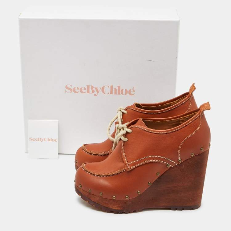 Pre Owned See by Chloe Brown Leather Wedge Loafer Pumps Size 39