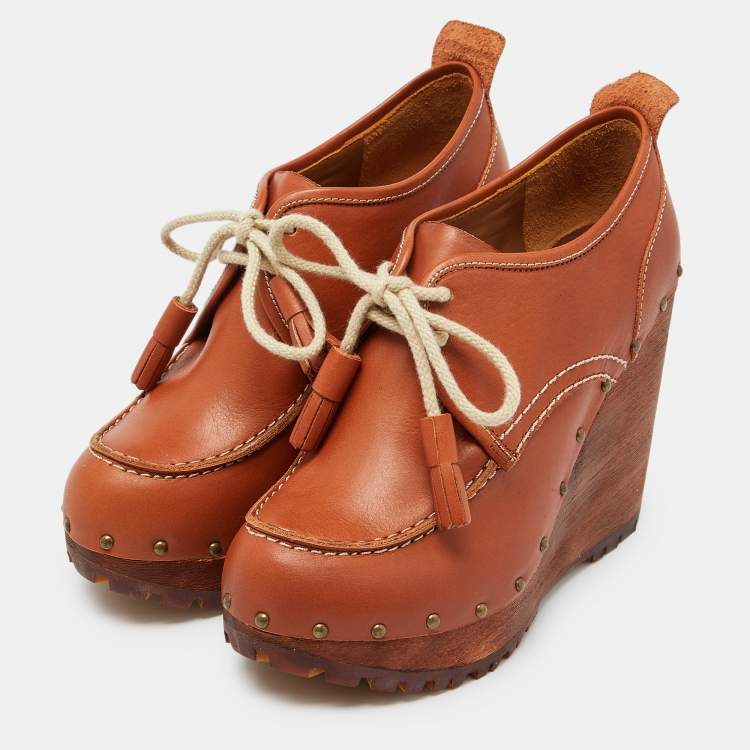 Pre Owned See by Chloe Brown Leather Wedge Loafer Pumps Size 39