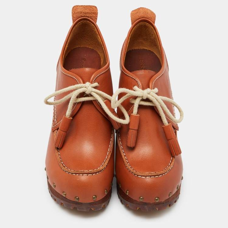 Pre Owned See by Chloe Brown Leather Wedge Loafer Pumps Size 39