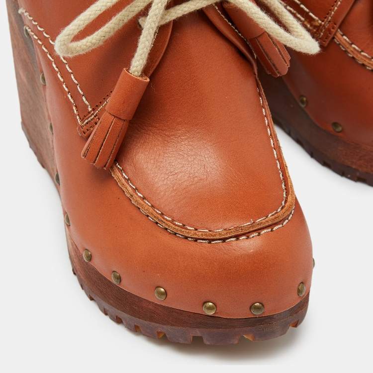 Pre Owned See by Chloe Brown Leather Wedge Loafer Pumps Size 39