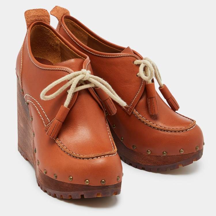 Pre Owned See by Chloe Brown Leather Wedge Loafer Pumps Size 39