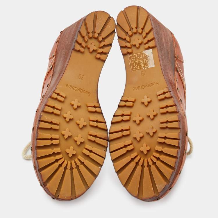 Pre Owned See by Chloe Brown Leather Wedge Loafer Pumps Size 39
