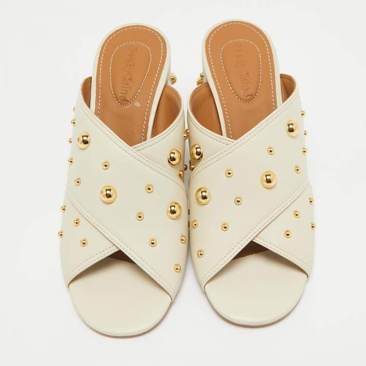 Pre Owned See by Chloe Grey Leather Studded Accents Block Heel Slides Size 38