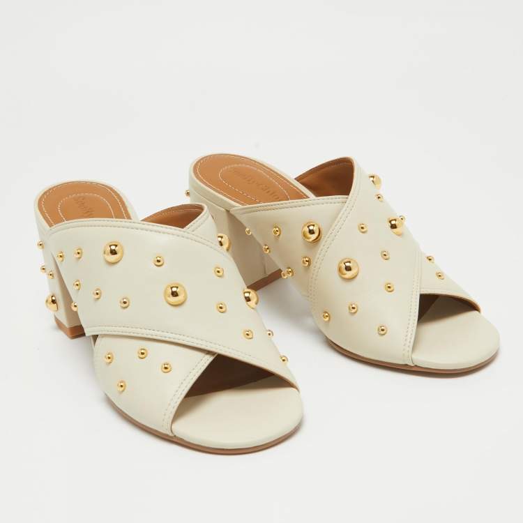 Pre Owned See by Chloe Grey Leather Studded Accents Block Heel Slides Size 38