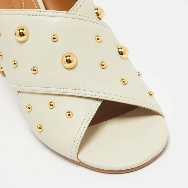 Pre Owned See by Chloe Grey Leather Studded Accents Block Heel Slides Size 38