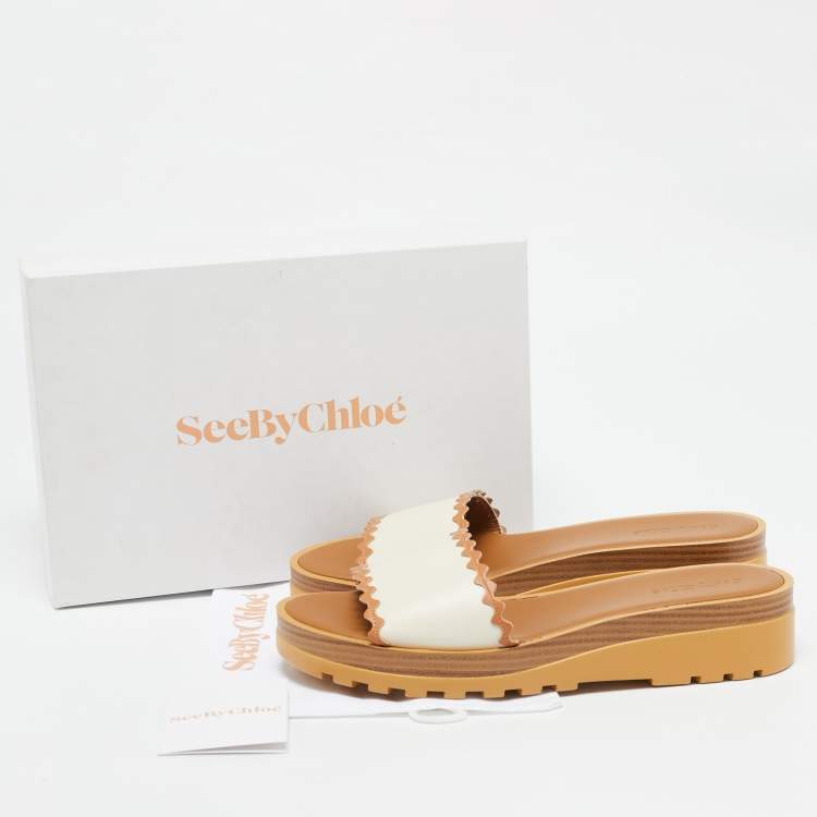 Pre Owned See by Chloe Off White/Tan Leather Platform Slide Sandals Size 42