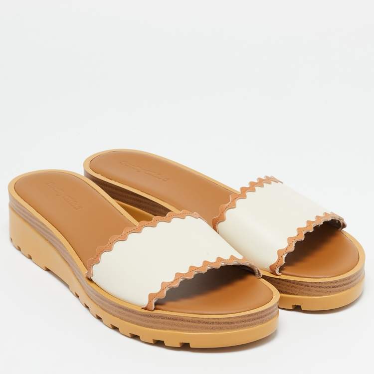 Pre Owned See by Chloe Off White/Tan Leather Platform Slide Sandals Size 42