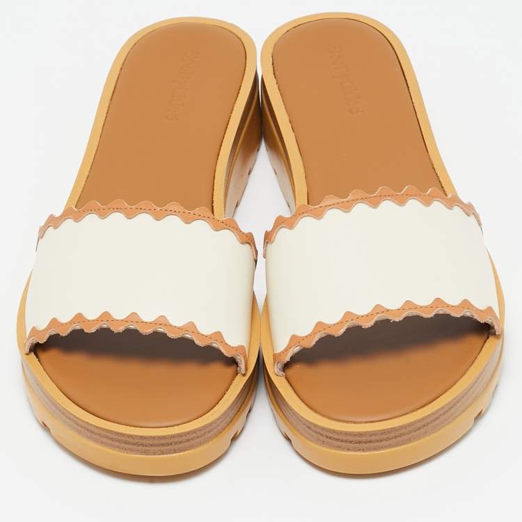 Pre Owned See by Chloe Off White/Tan Leather Platform Slide Sandals Size 42