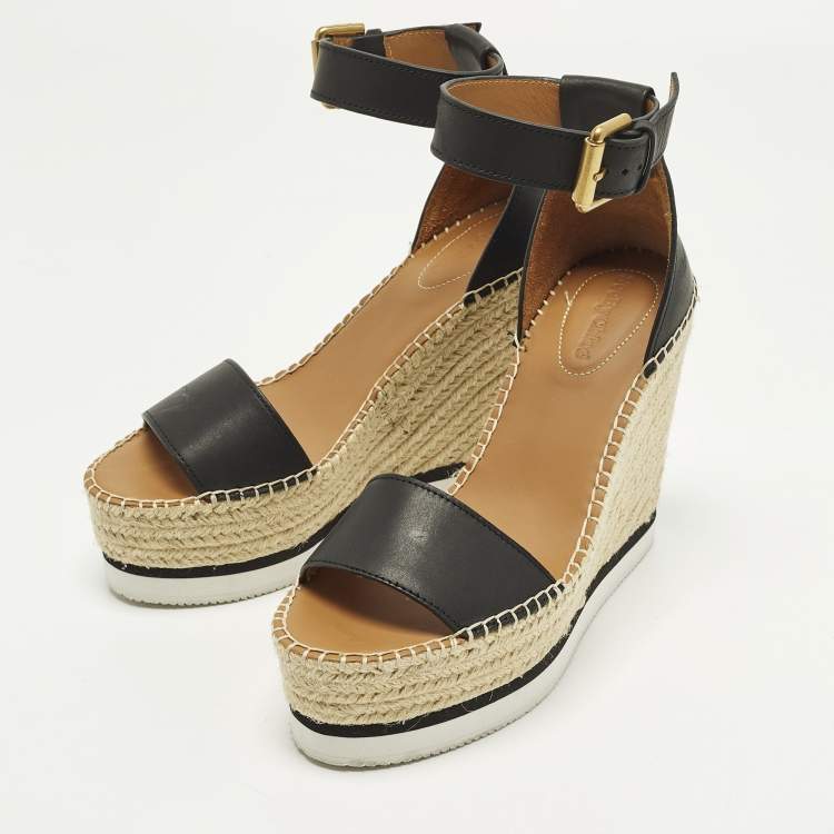 Pre Owned See by Chloe Glyn Size 39 Black Leather Wedge Ankle Strap Espadrille Sandals