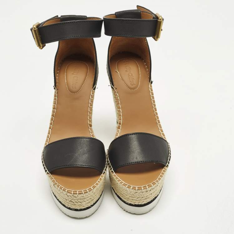 Pre Owned See by Chloe Glyn Size 39 Black Leather Wedge Ankle Strap Espadrille Sandals
