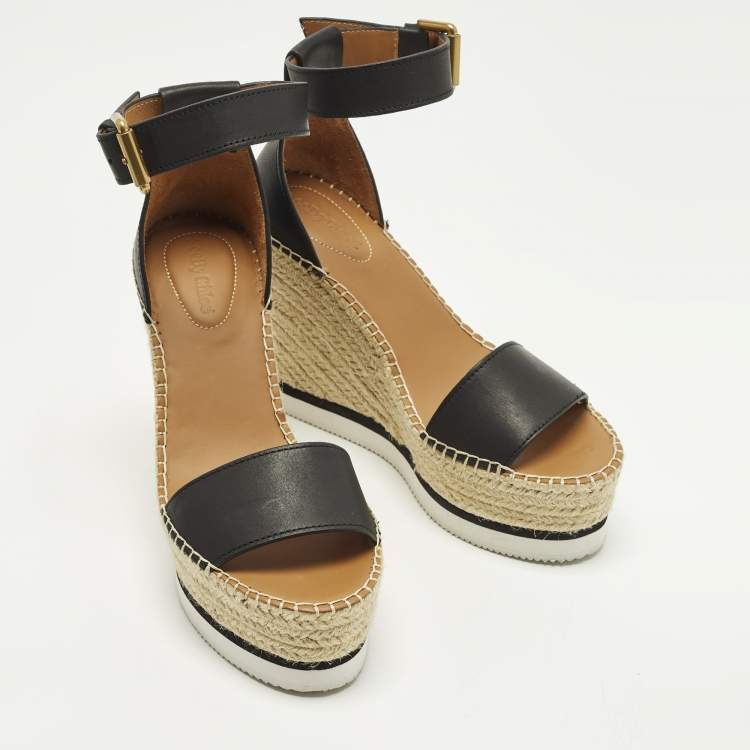 Pre Owned See by Chloe Glyn Size 39 Black Leather Wedge Ankle Strap Espadrille Sandals