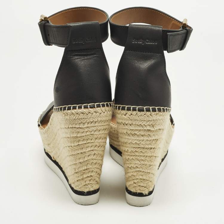 Pre Owned See by Chloe Glyn Size 39 Black Leather Wedge Ankle Strap Espadrille Sandals