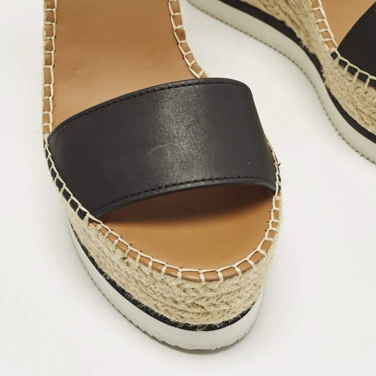 Pre Owned See by Chloe Glyn Size 39 Black Leather Wedge Ankle Strap Espadrille Sandals