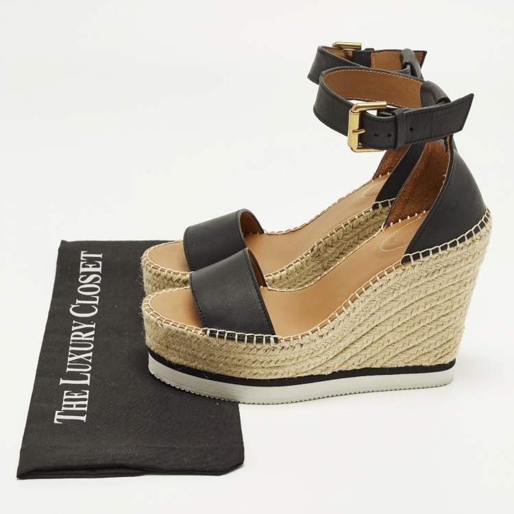 Pre Owned See by Chloe Glyn Size 39 Black Leather Wedge Ankle Strap Espadrille Sandals