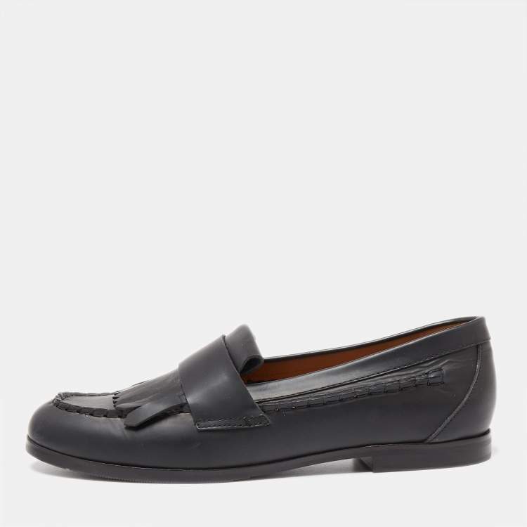 Pre Owned See by Chloe Black Leather Fringe Slip On Loafers  Size 40
