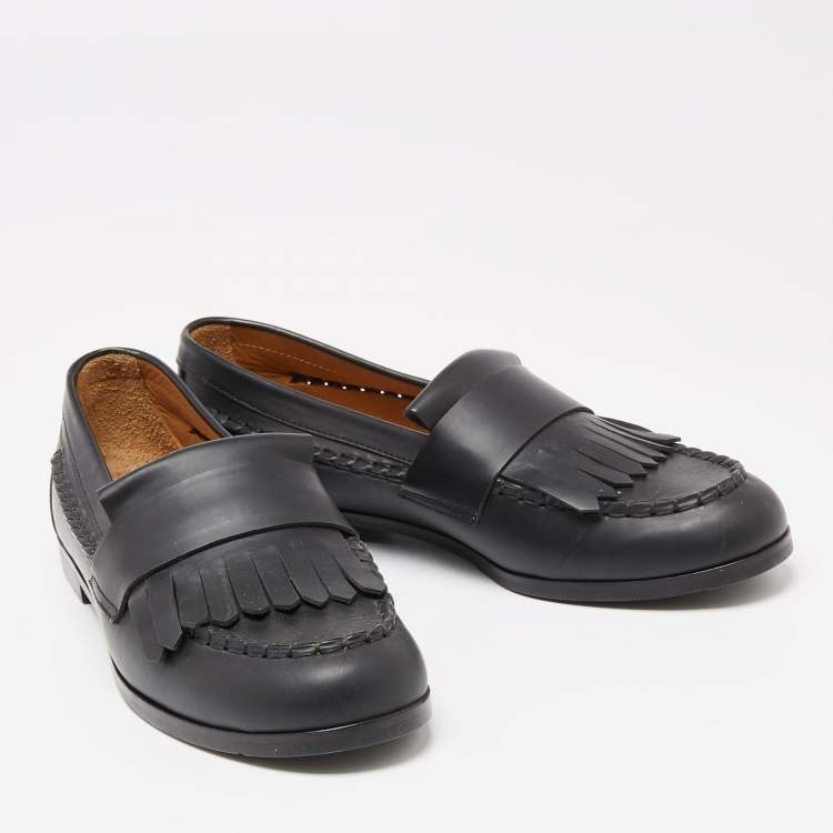 Pre Owned See by Chloe Black Leather Fringe Slip On Loafers  Size 40