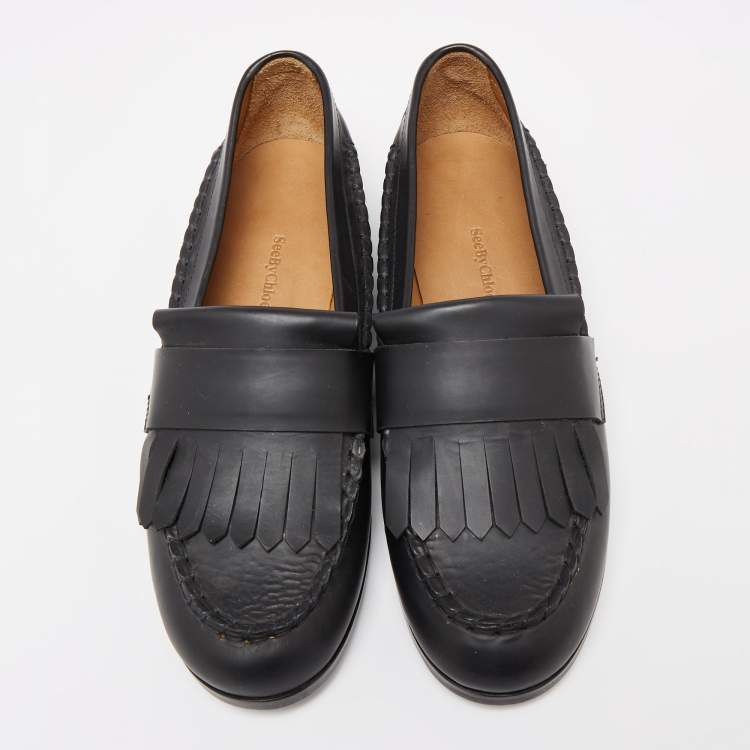 Pre Owned See by Chloe Black Leather Fringe Slip On Loafers  Size 40